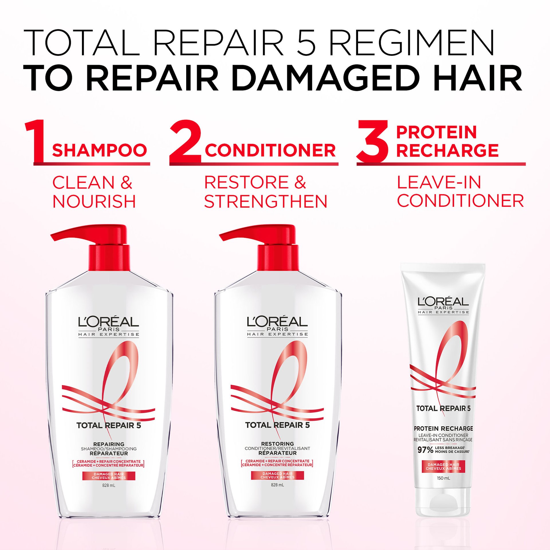 Routine for damaged hair with repair 5 total shampoo and conditioner and leave-in conditioner